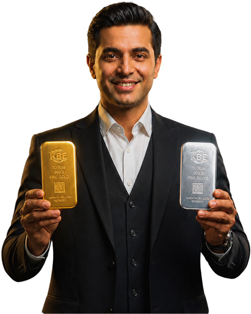 KBE representative holding gold and silver bullion bars